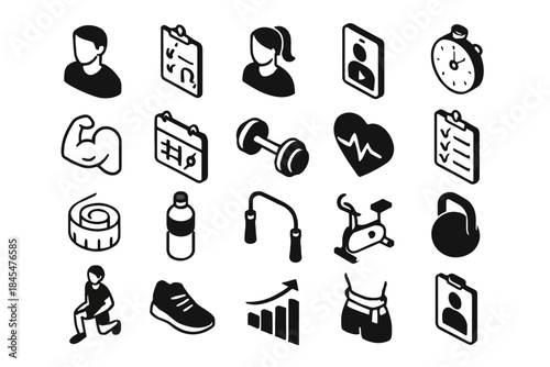 Isometric fitness icons set featuring people, equipment, and health elements