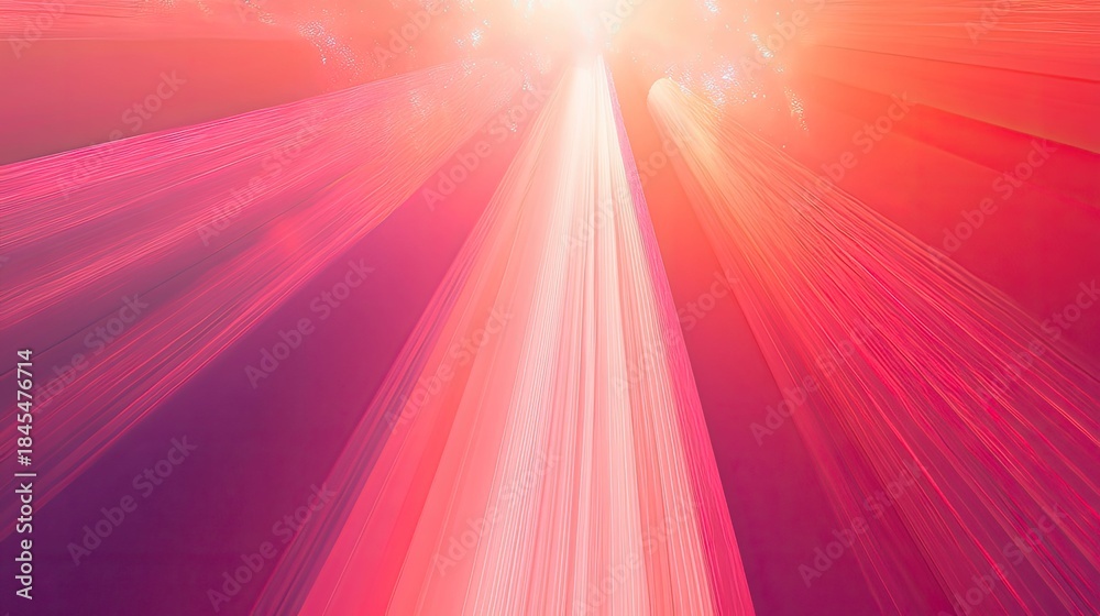 Fototapeta premium Abstract digital artwork portraying vibrant light beams radiating from a bright source, creating a dynamic gradient of pink, red, and purple hues forming an expressive background