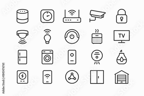 Smart home icon set including devices and security symbols