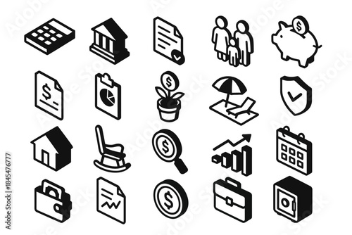 Finance and lifestyle icons: banking, family, investing, savings, home