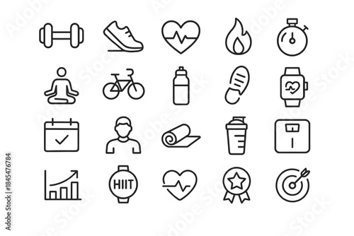 Fitness and exercise icon set featuring equipment, activities, and health symbols
