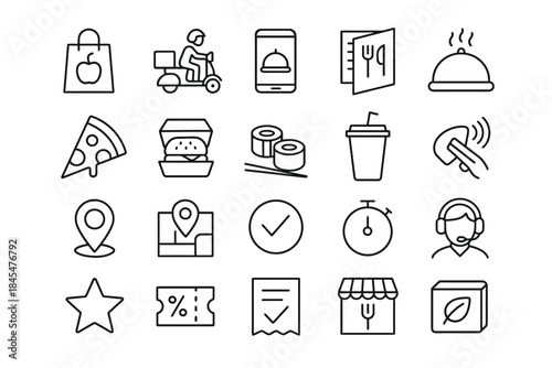 Food delivery icons including pizza, burger, sushi, and location symbols