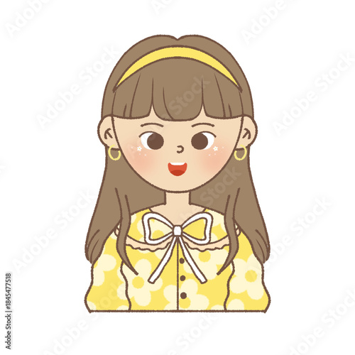 Cute Kawaii Cartoon Girl Portrait in Yellow Dress, Flat Illustration Character