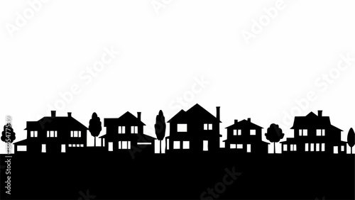 Silhouette of suburban houses and trees on a white background.