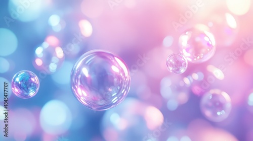 Soap bubbles floating gracefully, catching reflections and light, creating a dreamy and clean atmosphere with a beautiful blurred background of soft pink, purple, and blue bokeh lights