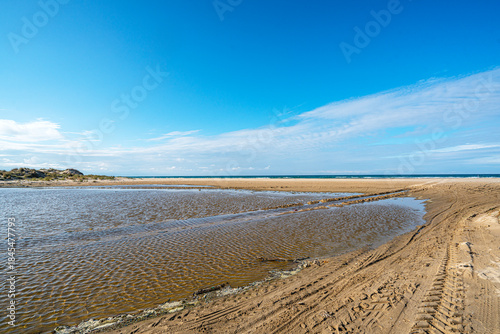 Fototapeta Naklejka Na Ścianę i Meble -  The scenic views of Sarıkum National Park, situated in a combination of sea, sand, lake and forest with species of water birds and birds of prey, and roe deer, lynx, bustard and swan in Sinop, Turkey.