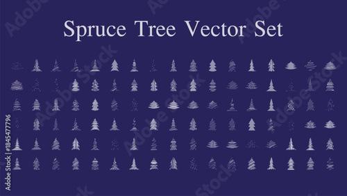 Spruce Tree Vector Set Scribble,Dotted, Silver