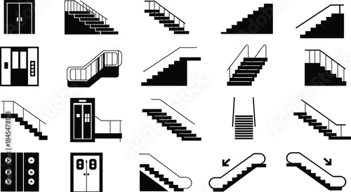 Elevator and staircase icon set, black silhouette stairs, escalator symbols, architectural navigation pictograms, building interior wayfinding elements, modern vector illustration 