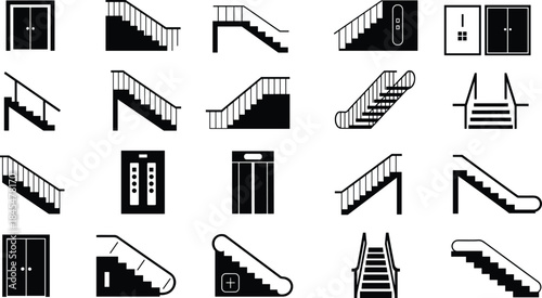 Elevator, stairs and escalator icon set, black silhouette symbols for building navigation, wayfinding, architecture, interior signage, emergency exit pictograms collection