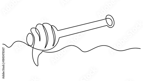A continuous line drawing of a honey jar with a dipper, Continuous line drawing Vector continuous one single line drawing of honey on dipper in silhouette on a white background. Linear stylized.
