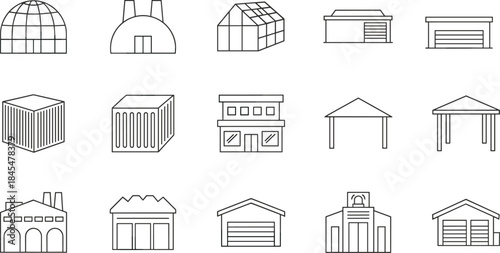 Industrial and commercial building icons set, warehouse factory hangar garage structures, outline vector illustration for logistics, architecture, construction, storage, infrastructure design