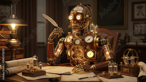 Steampunk Victorian Robot Inventor Writing Philosophical Manuscripts with Quill Pen at Ornate Wooden Desk in Antique Library Study Featuring Brass Gears, Vacuum Tubes, Gauges, Oil Lamp, Ancient Scroll