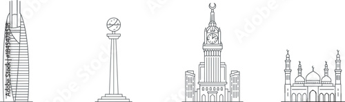 Islamic landmark line icons set, mosque clock tower monument skyline illustrations, minimal outline vector design for travel, culture, religion, architecture projects