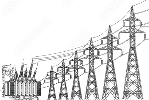 High voltage power transmission illustration, electrical substation and pylons line art, detailed outline vector for energy infrastructure, engineering, electricity distribution design