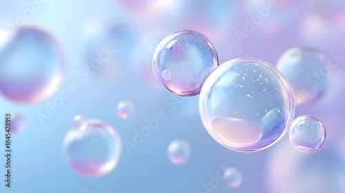 Delicate translucent iridescent spheres with sparkling highlights drift in a softly blurred background of pastel blues and purples evoking a sense of purity and light