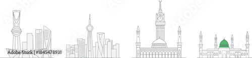Saudi Arabia skyline line illustration set, Riyadh landmarks and Islamic mosques, minimal outline vector design for travel, culture, architecture, tourism projects