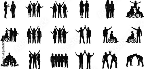 Inclusive Teamwork and Diversity Silhouettes: Representing Unity, Collaboration, Success, Friendship, and Community Support with People in Wheelchairs and Raised Arms