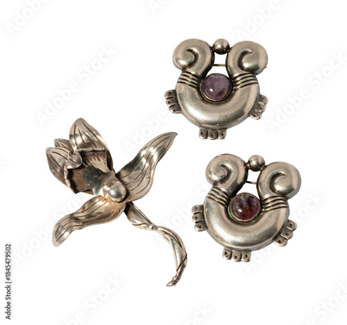 Obraz na plátně Ancient Silver Jewelry Set: Ornate Earrings & Bird Clasp with Red Gems PNG