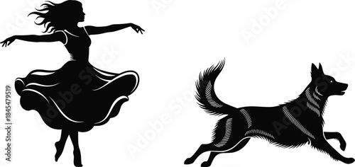 Silhouette of a graceful young woman dancing freely with a loyal running dog, capturing movement, joy, and the freedom of nature in a high-contrast vector design