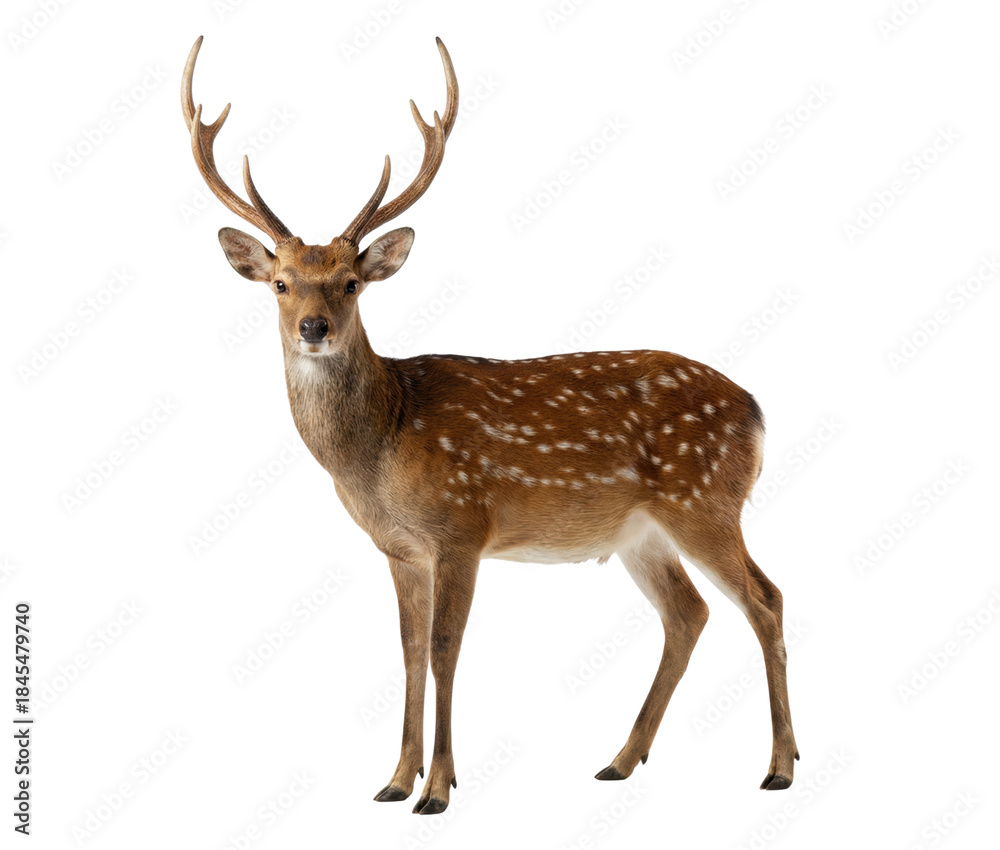 Fototapeta premium Spotted deer stag with antlers isolated on white background