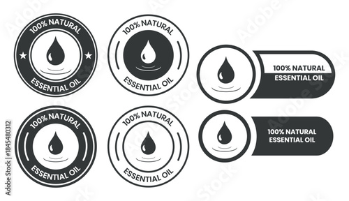 Essential oil drop icon for beauty and skincare natural product certificate label. Essential oils sticker logo for body lotion, cream and shampoo moisturizer, spa wellness fragrance.