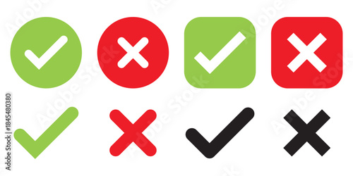 Set green approval check mark and red cross icons in circle and square, checklist signs, flat checkmark approval badge, isolated tick symbols