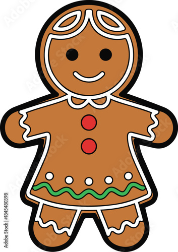 Vector illustration of a cute gingerbread girl cookie with icing details,