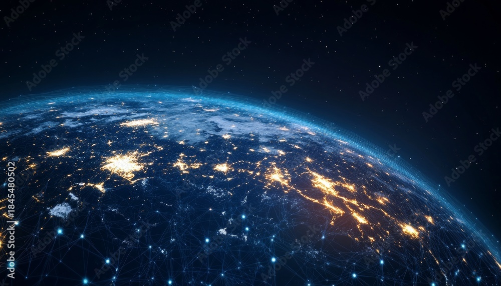 Fototapeta premium Aerial View of Earth at Night with City Lights and Digital Connection Lines Illuminating the Globe