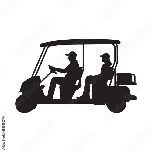Silhouette of two people riding in a golf cart simple black and white design