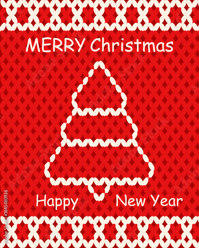 Folk Merry Christmas and Happy New Year greeting card cover design. Vector illustration knitting texture Christmas tree perfect for Xmas holiday card poster background. EPS 10
