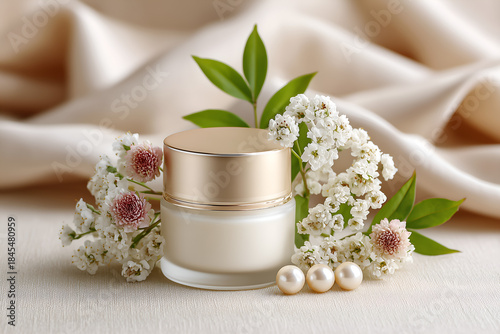 Elegant skincare cream jar with a golden lid, surrounded by delicate white flowers, green leaves, and pearls, set against a luxurious draped fabric background with soft lighting.