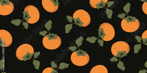 Persimmon vector Seamless Pattern isolated black background. Retro color fruit Seamless background with realistic Persimmon. Perfect textile wallpaper print. EPS 10