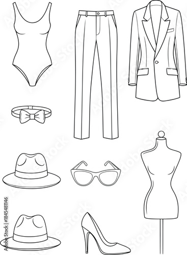 Fashion illustration featuring various clothing items and accessories