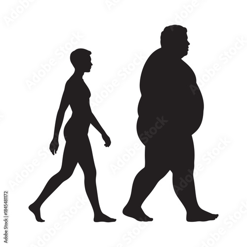 Silhouette of a slender woman and an overweight man walking together