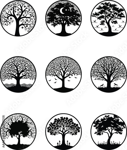 Collection of tree silhouettes in various designs and landscapes