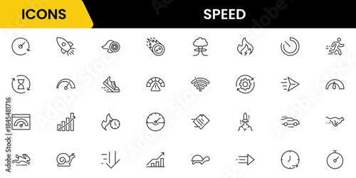Speed and performance icon set. Containing fast, productivity, indicator, turbo, speeding and speedometer icons. Thin line icon collection. Vector illustration.