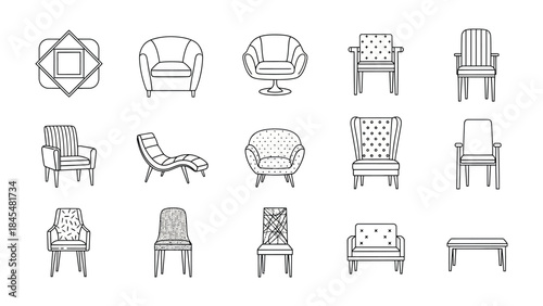 Chairs Collection Illustration: A collection of various chair designs, from classic armchairs to modern lounge pieces, presented as stylish line illustrations, perfect for design and decor projects.