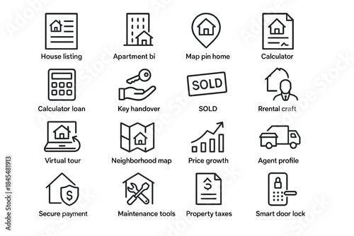 Real estate icon set featuring house listing, map pin, key handover, and calculator symbols