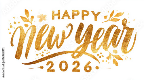 Happy New Year 2026 in elegant gold cursive script - luxury holiday calligraphy isolated on white background