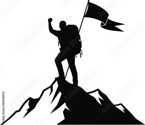 Triumphant climber standing on mountain peak with flag