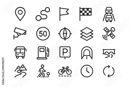 Collection of transportation and navigation icons: map, camera, bike, compass, tunnel