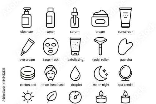 Skincare routine icons: cleanser, toner, serum, cream, sunscreen, beauty tools