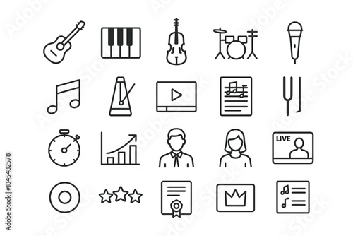 Musical instrument and music icons set with male and female characters