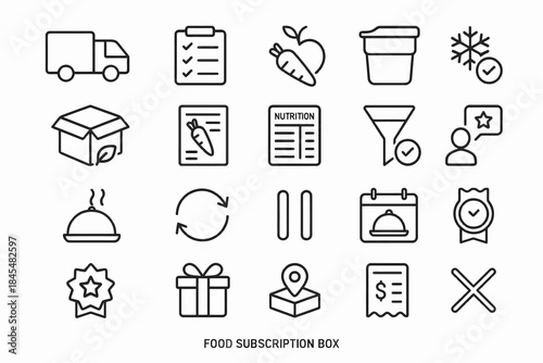 Icon set: food subscription box, nutrition, delivery, packaging, checklist