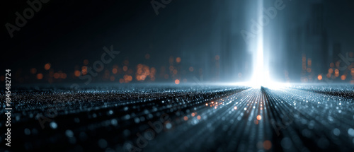 Unrecognizable Silhouette Following Brilliant Glowing Upward Path in Digital Environment