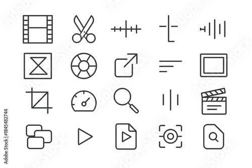 Minimalist video editing icons set in black and white