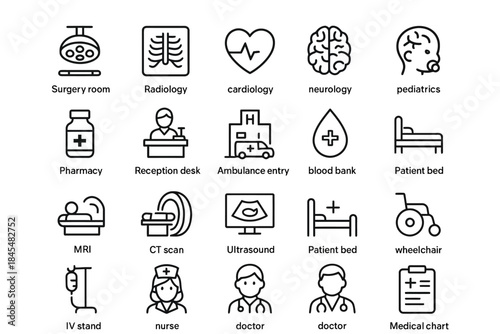 Medical icons set: surgery, radiology, cardiology, neurology, pediatrics
