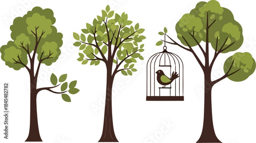 Bird in cage between three green trees