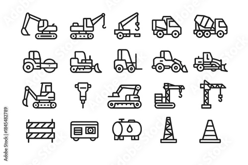 Icon set of construction vehicles and equipment - line art illustrations