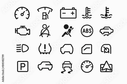 Vehicle dashboard warning and indicator symbols collection